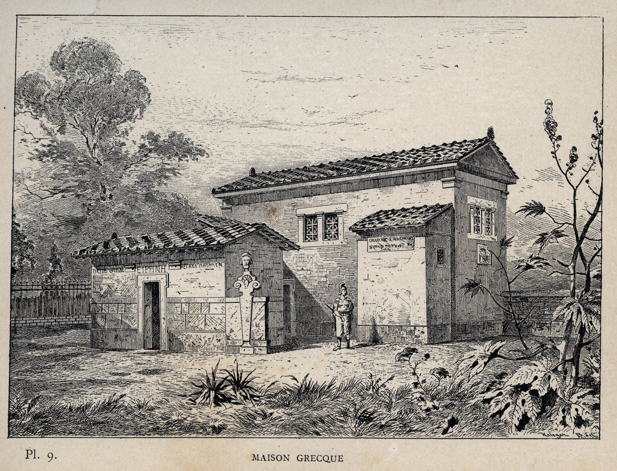 Maison Grecque (græsk hus) - indgravering af 1889 i "History of human habitation at the Universal Exhibition of 1889, by Mr Charles GARNIER - Librairie centrale des beaux-arts Paris 1889 af Unknown artist