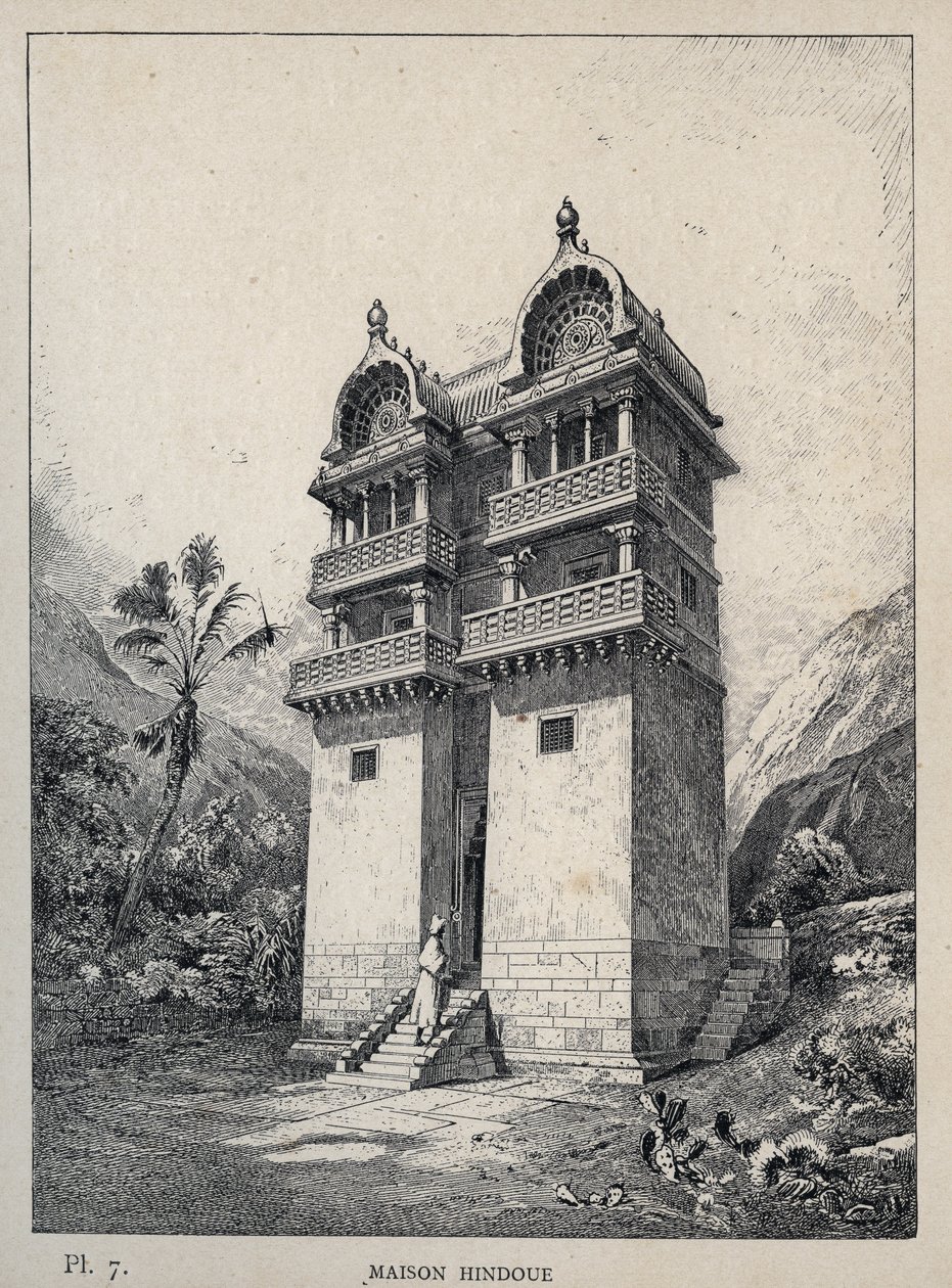 Maison Hindu (hinduistisk hus) - indgravering af 1889 i "History of human habitation at the Universal Exhibition of 1889, by Mr Charles GARNIER - Librairie centrale des beaux-arts Paris 1889 af Unknown artist