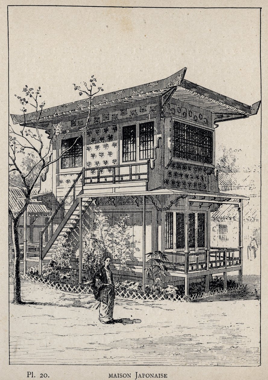 Japansk hus (japansk hus) - indgravering af 1889 i "History of human habitation at the Universal Exhibition of 1889, by Mr Charles GARNIER - Librairie centrale des beaux-arts Paris 1889 af Unknown artist
