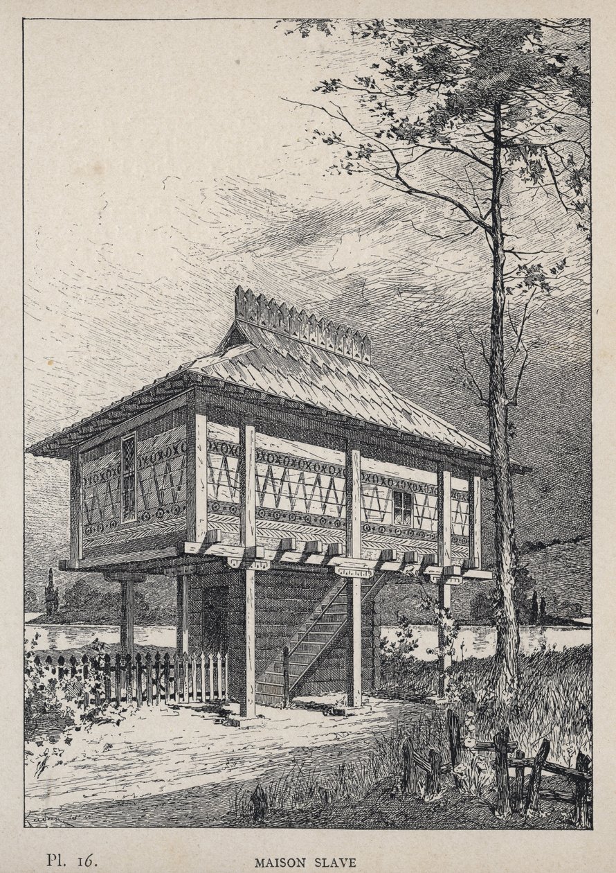 Maison Slave - indgravering af 1889 i "History of human habitation at the Universal Exhibition of 1889, by Mr Charles GARNIER - Librairie centrale des beaux-arts Paris 1889 af Unknown artist