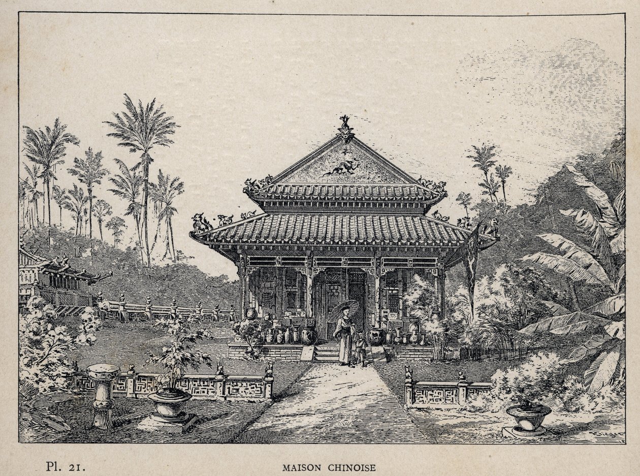 Kinesisk hus - (kinesisk hus) - indgravering af 1889 i "History of human habitation at the Universal Exhibition of 1889, by Mr Charles GARNIER - Librairie centrale des beaux-arts Paris 1889 af Unknown artist