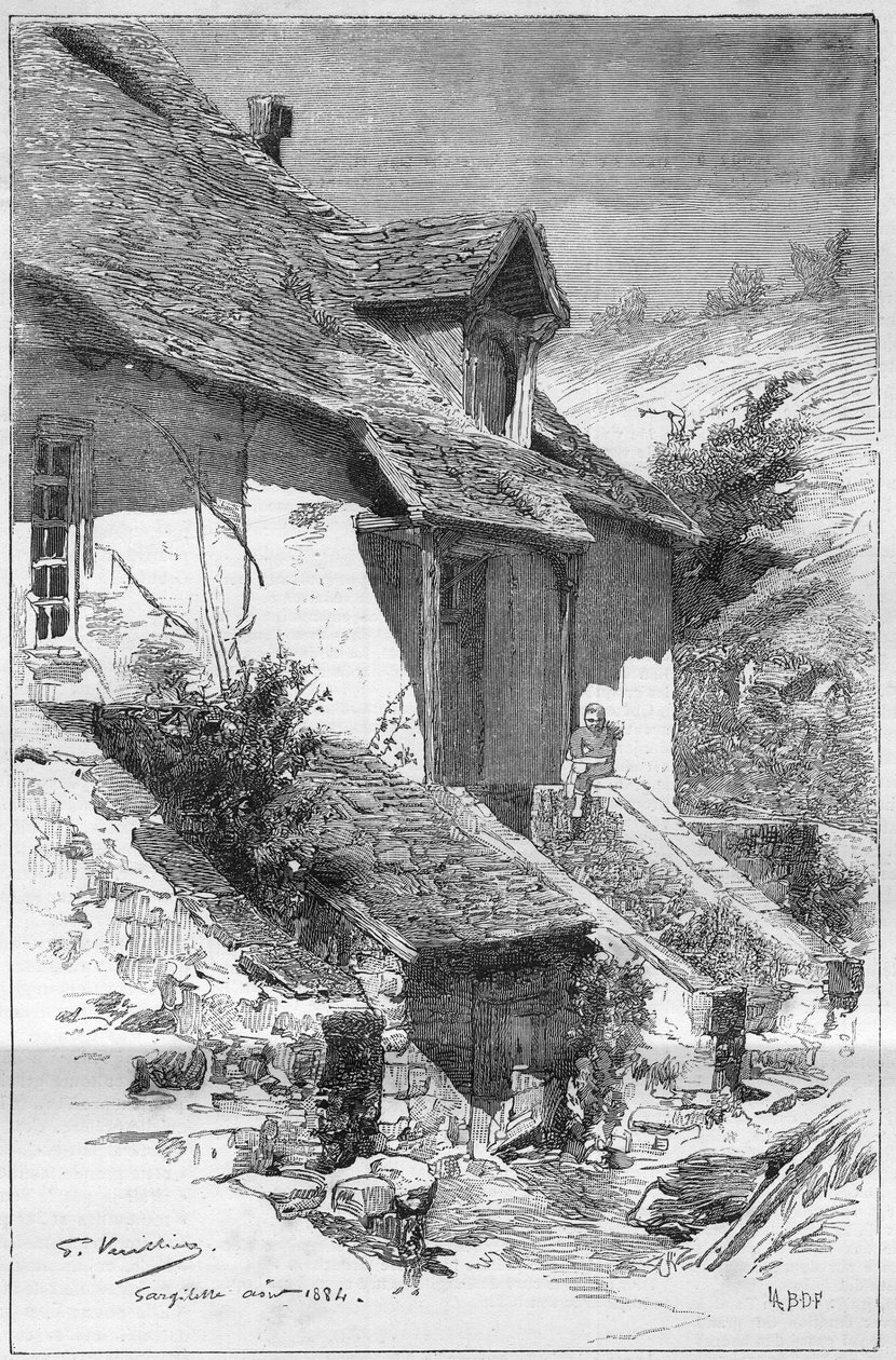 House of George Sand (Aurore Dupin, Baronne Dudevant) (1804-1876), fransk forfatter, i Gargilesse (Indre) ved bredden af ​​Creuse i Frankrig. Indgravering i ""The Illustrious World"" af Unknown artist