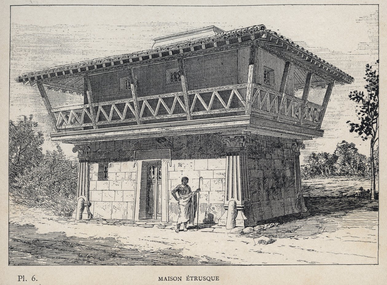 Maison etrusque (etruskisk hus) - indgravering af 1889 i "History of human habitation at the Universal Exhibition of 1889, by Mr Charles GARNIER - Librairie centrale des beaux-arts Paris 1889 af Unknown artist