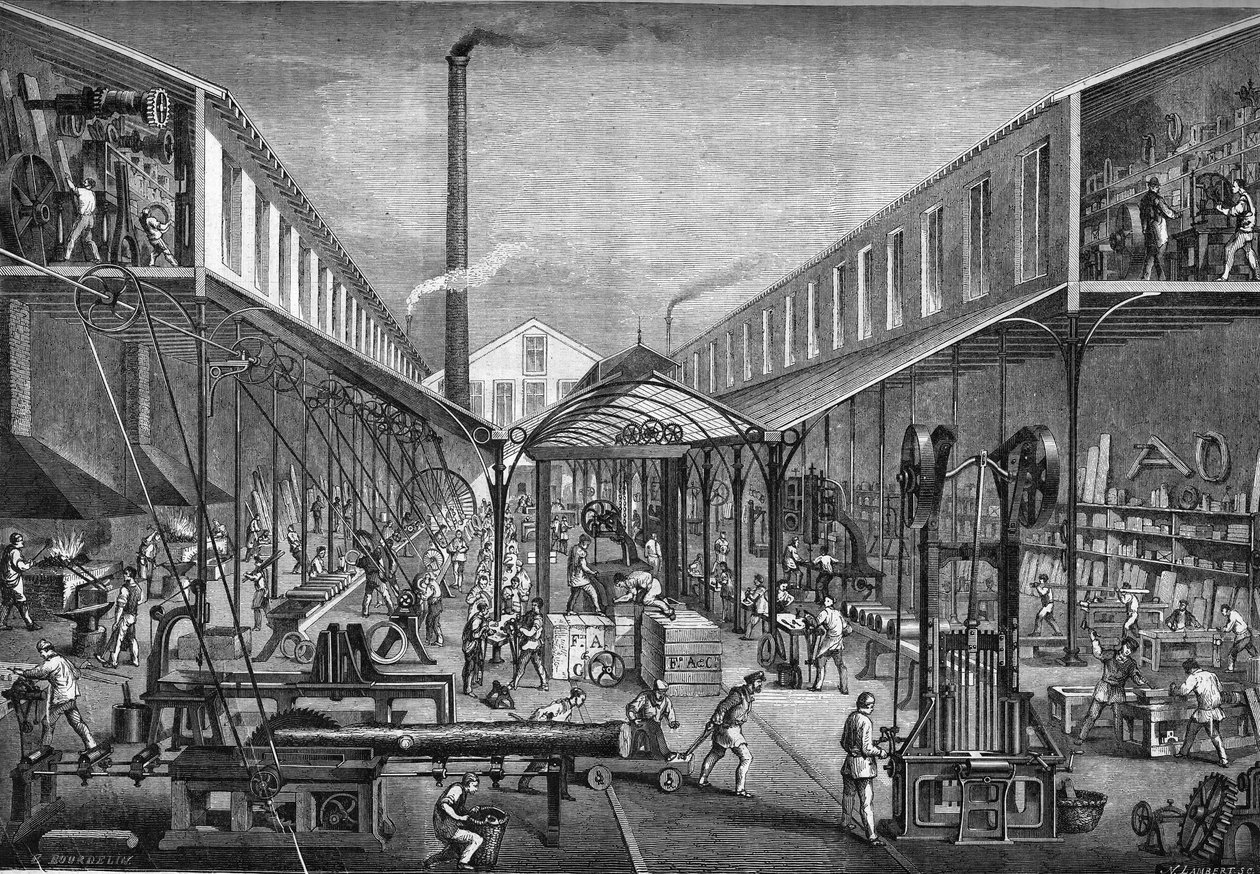 Større industrier i det 19. århundrede: byggeværksteder for savværk og værktøjsmaskiner, fra M. arbey til Paris i 1865. af Unknown artist