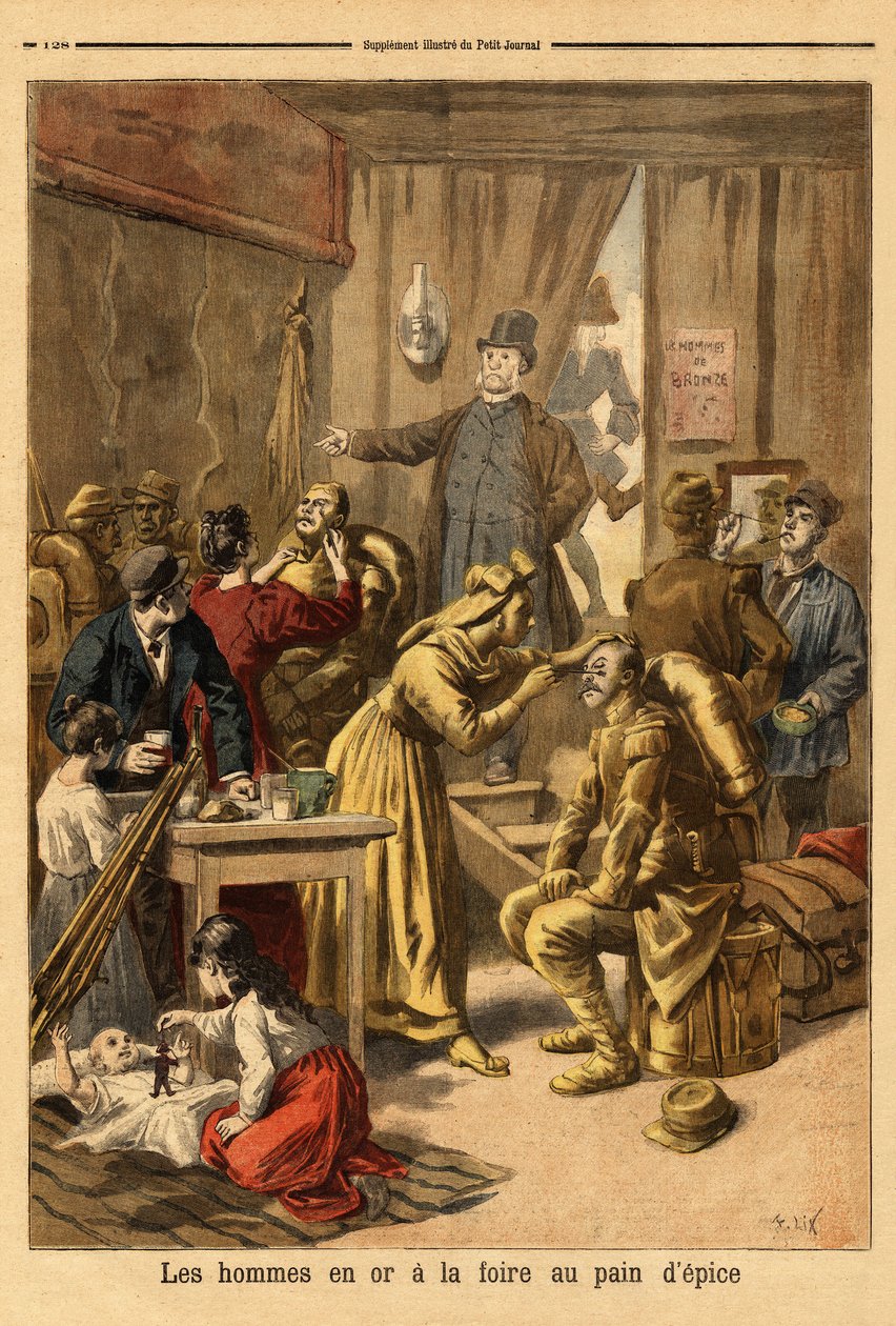 Makeup af skuespillere af et levende maleri ""mænd i guld""" til honningkagemessen. Indgravering i "" Le petit journal"" 16/04/1894. Selvas samling. af Unknown artist