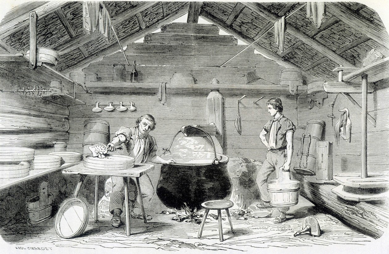 Fremstilling af Gruyère-ost i en schweizisk hytte eller ostefabrik i Alperne - i "" Industriens vidundere"" af Louis Figuier af Unknown artist