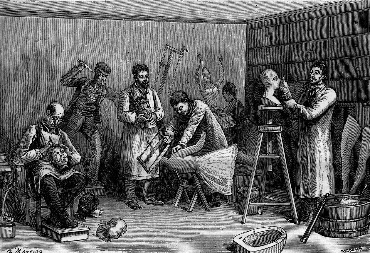 Fremstilling af voksfigurer på Musee Grevin i Paris. Gravering i "" Nature: gennemgang af videnskaberne og deres anvendelser til kunst og industri "" af 21. april 1894. af Unknown artist