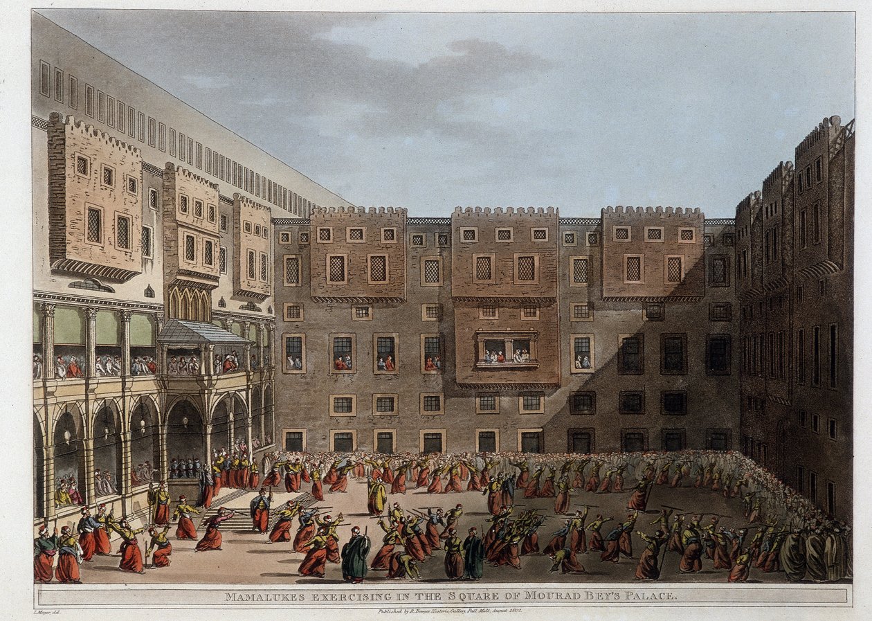 Mamelukker øver sig i gården til Paladset Mourad Bey - i "Udsigter i Egypten, Palæstina og andre dele af Det Osmanniske Rige"" af Unknown artist