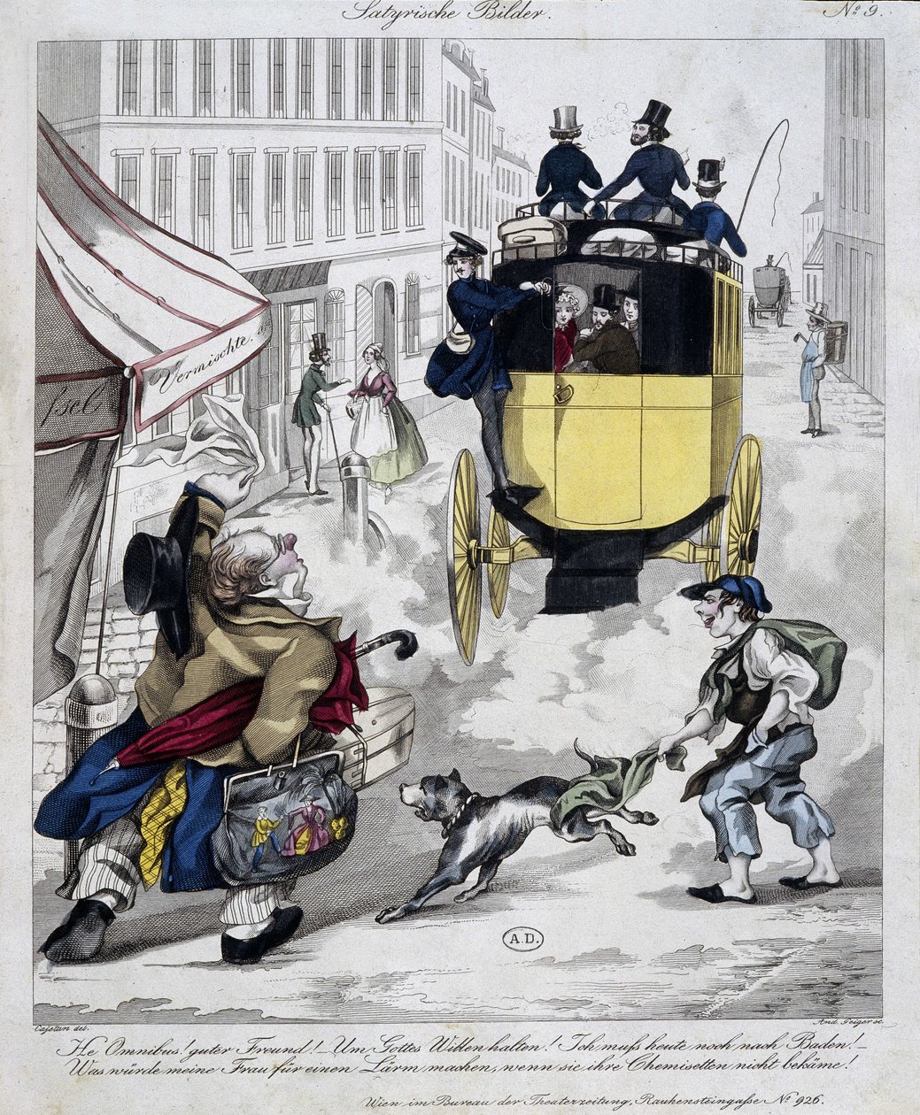 Man presse mangler Omnibus. Tegnefilm lavet omkring 1840 af Unknown artist