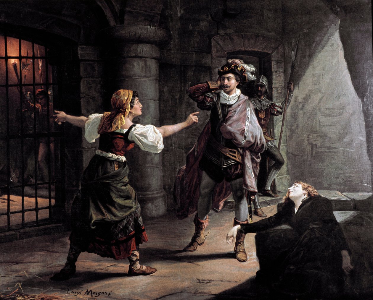 Manrico og Azucena er fængslet i Aliaferia Palace, Leonora forsøger at redde dem Illustration til "" Fundet"" (Il trovatore) af Giuseppe Verdi (1813-1901). Litografi omkring 1880. Privat Samling af Unknown artist