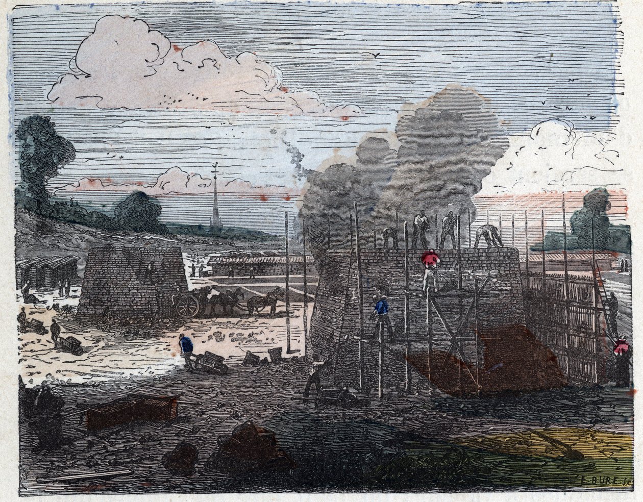 Fremstilling af en mursten i det 19. århundrede: madlavning. Murstenene lægges i lag og dækkes derefter med jord, inden der sættes ild til. Gravering sidst i 1800-tallet. af Unknown artist