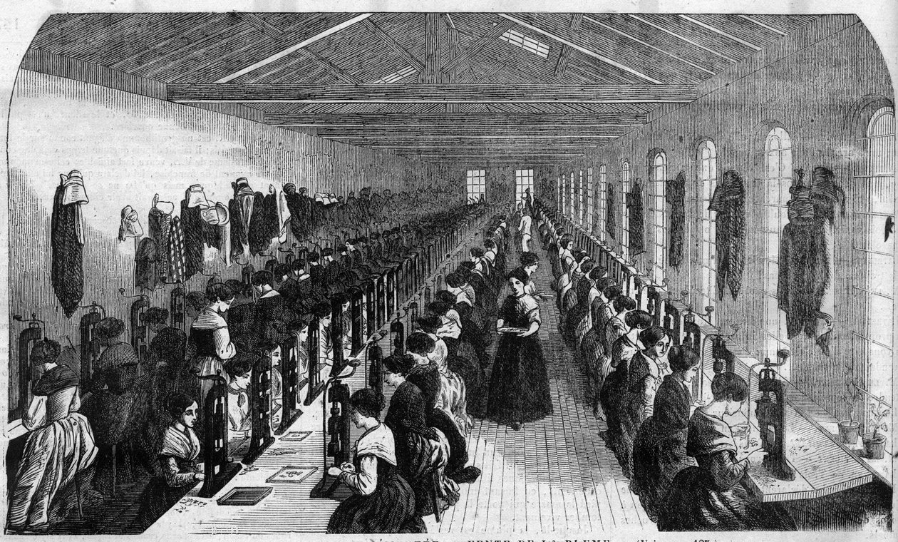 Fremstilling af cementee-pen: arbejdere under realiseringen af pennespalten i en fabrik i Birmingham - gravering i "" Le Journal Illustrous"" af Unknown artist
