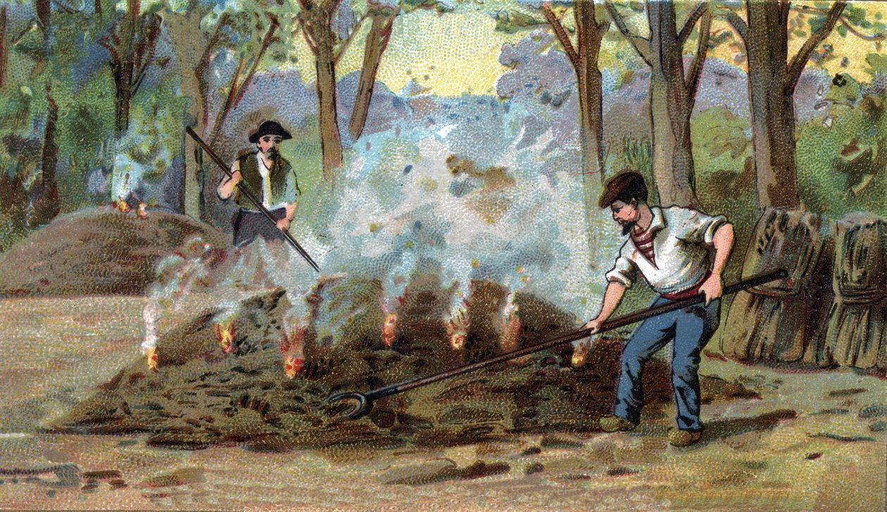 Fremstilling af trækul, forbrændingsovn. Kromolitografi i slutningen af det 19. århundrede af Unknown artist