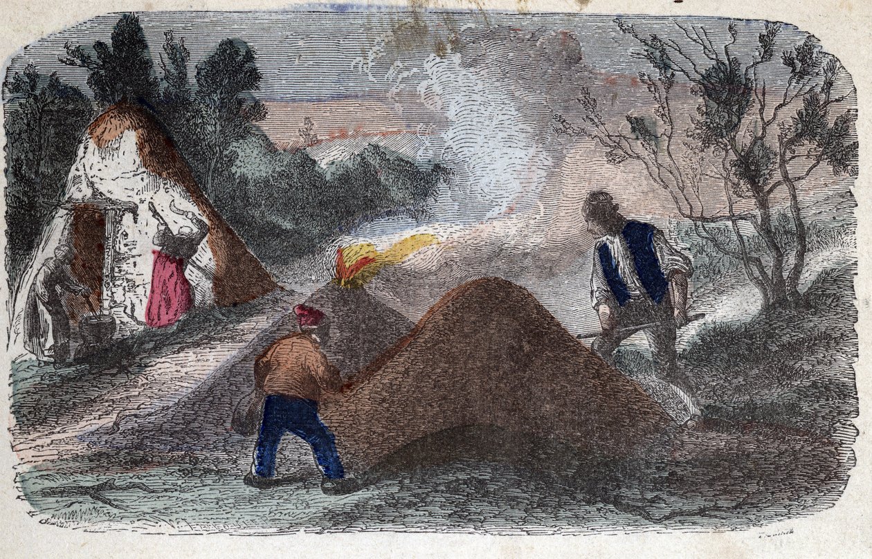 Fremstilling af trækul i det 19. århundrede: kulmagere foran møllesten bestående af træ- og lerbukke, som de satte ild til. Gravering sidst i 1800-tallet. af Unknown artist
