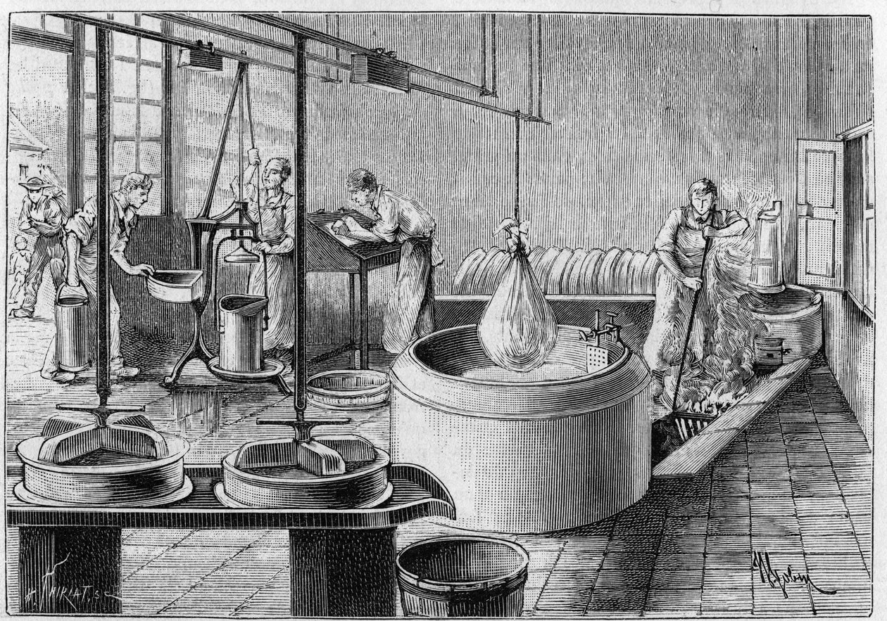 Fremstilling af gruyere: en moderne ostefabrik. Gravering i "" Nature: gennemgang af videnskaberne og deres anvendelser til kunst og industri "" af 19. september 1891. af Unknown artist