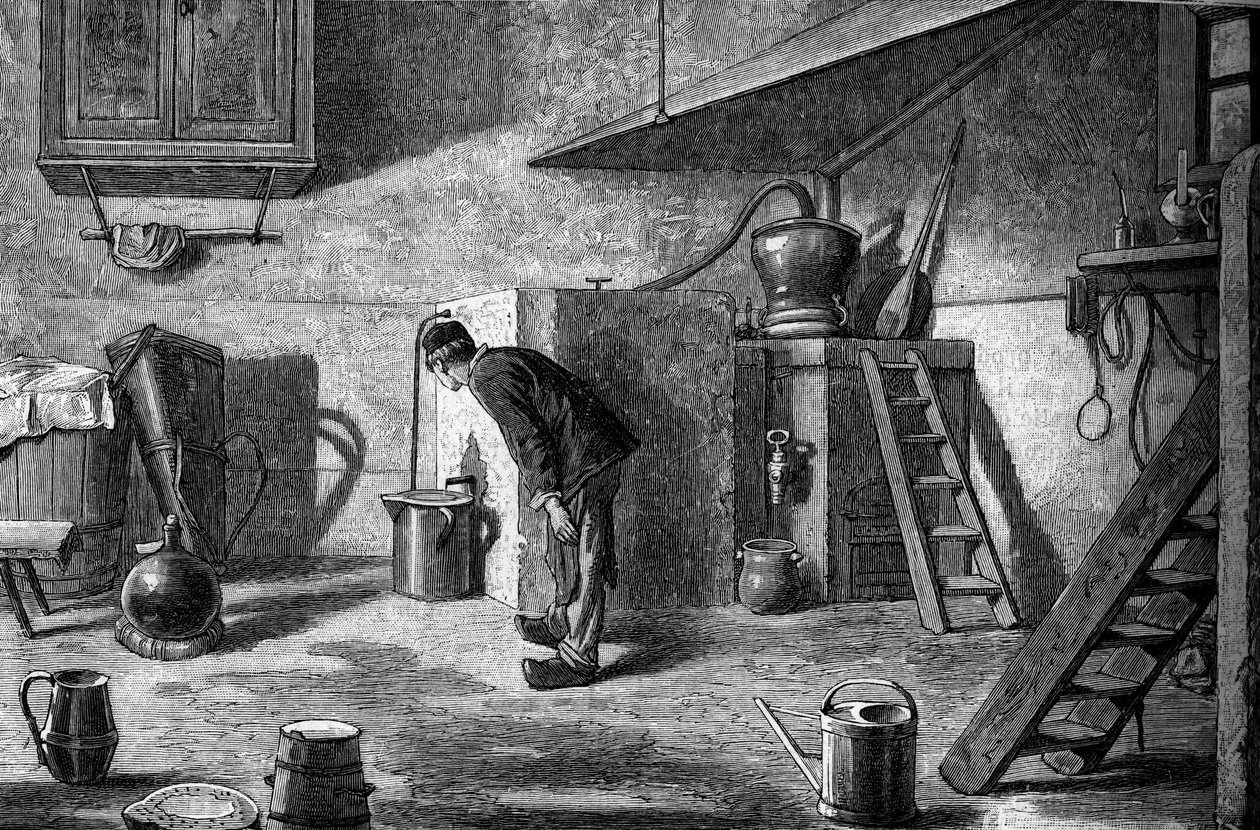 Fremstilling af kirsch: destillation, slottet Isenberg i Alsace. Gravering i "" Le Journal de la jeunesse"" af Unknown artist