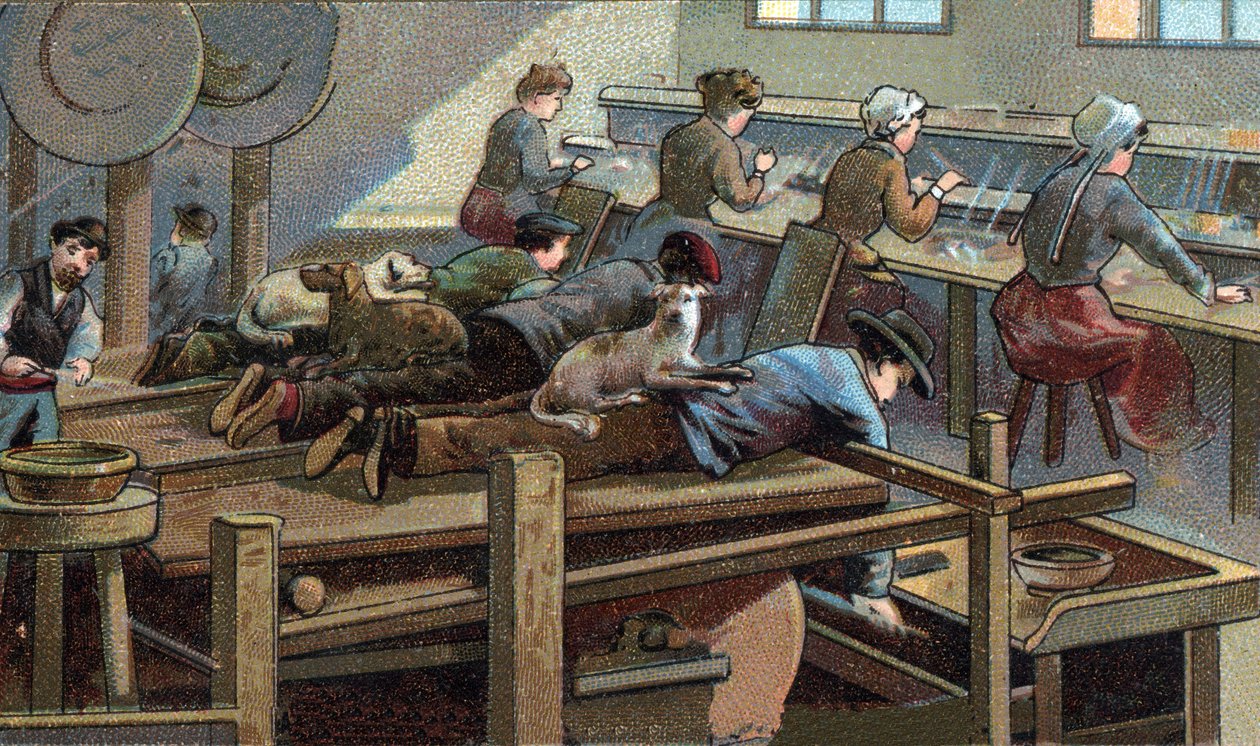 Fremstilling af knive, støbeværksted. Kromolitografi fra slutningen af det 19. århundrede af Unknown artist