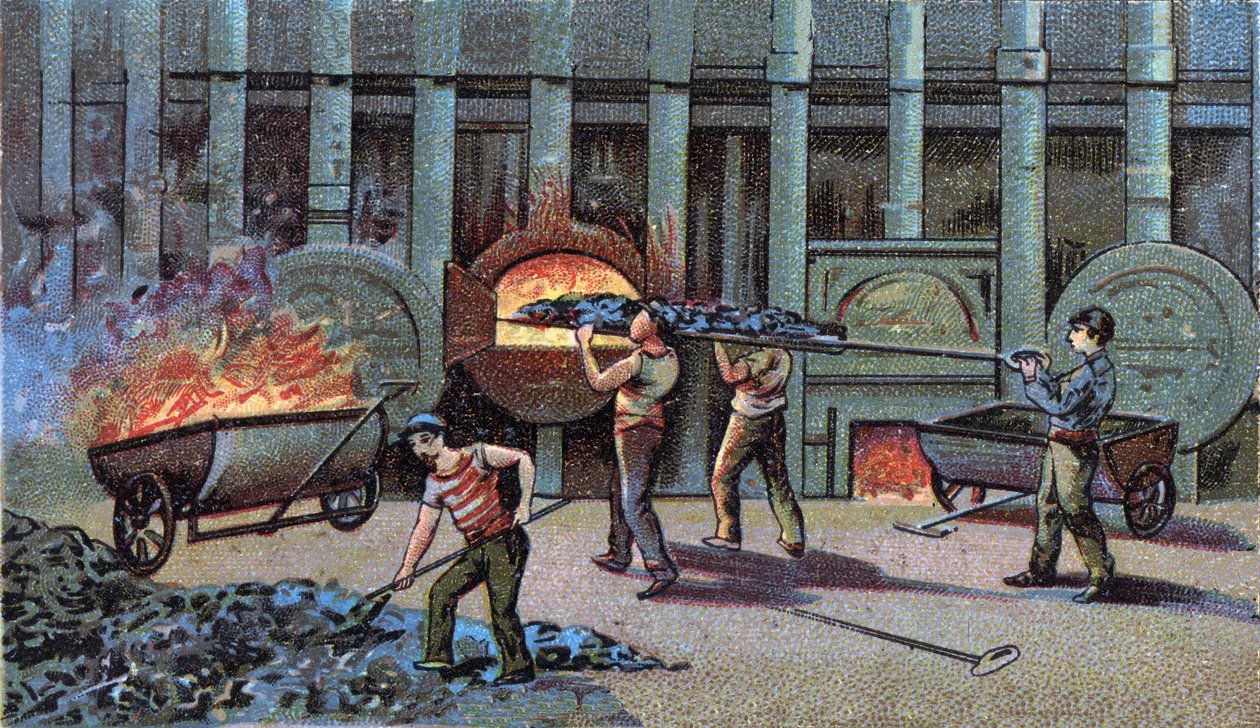 Fremstilling af lysgas, cornu delutor. Kromolitografi fra slutningen af det 19. århundrede af Unknown artist