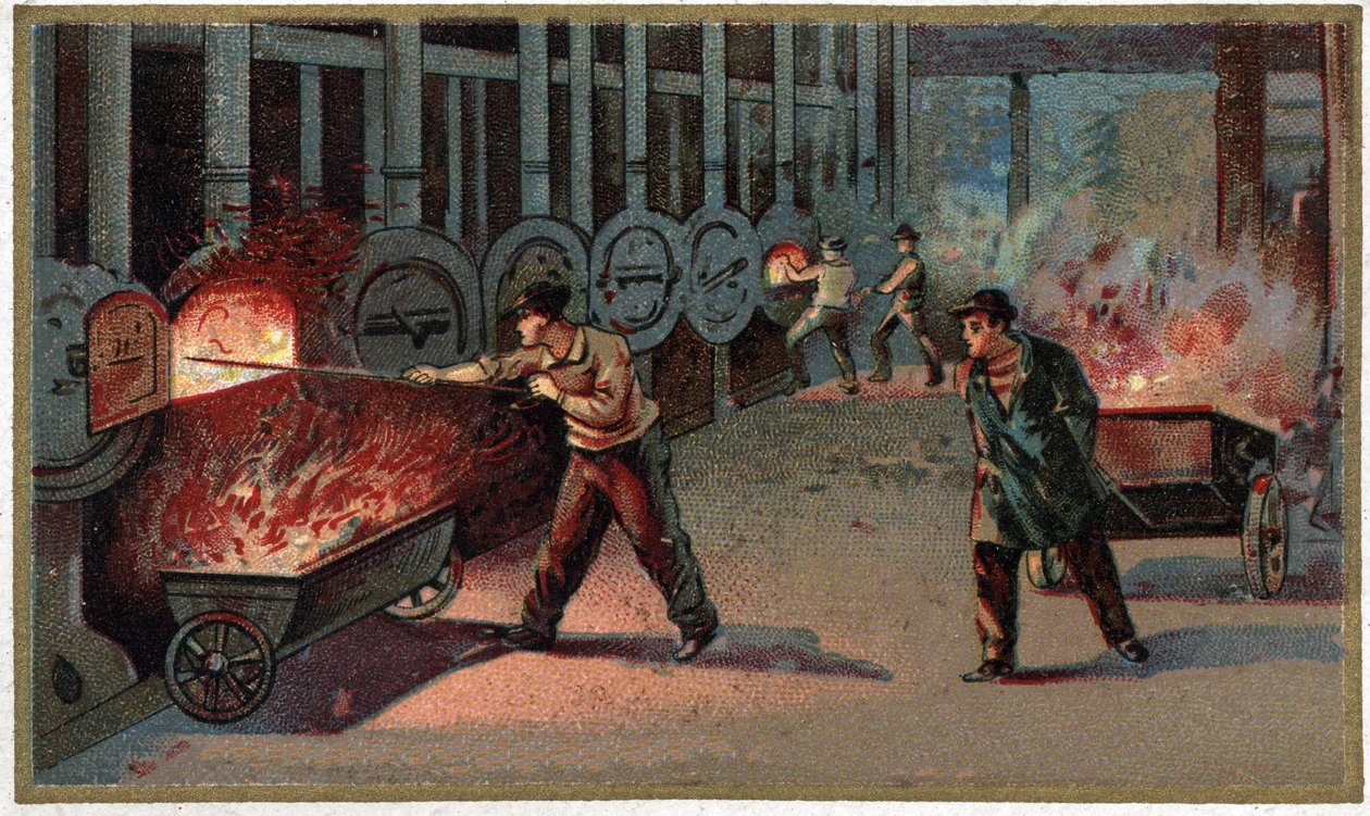 Fremstilling af belysningsgas: lastning af cornu. Kromolitografi i slutningen af det 19. århundrede af Unknown artist