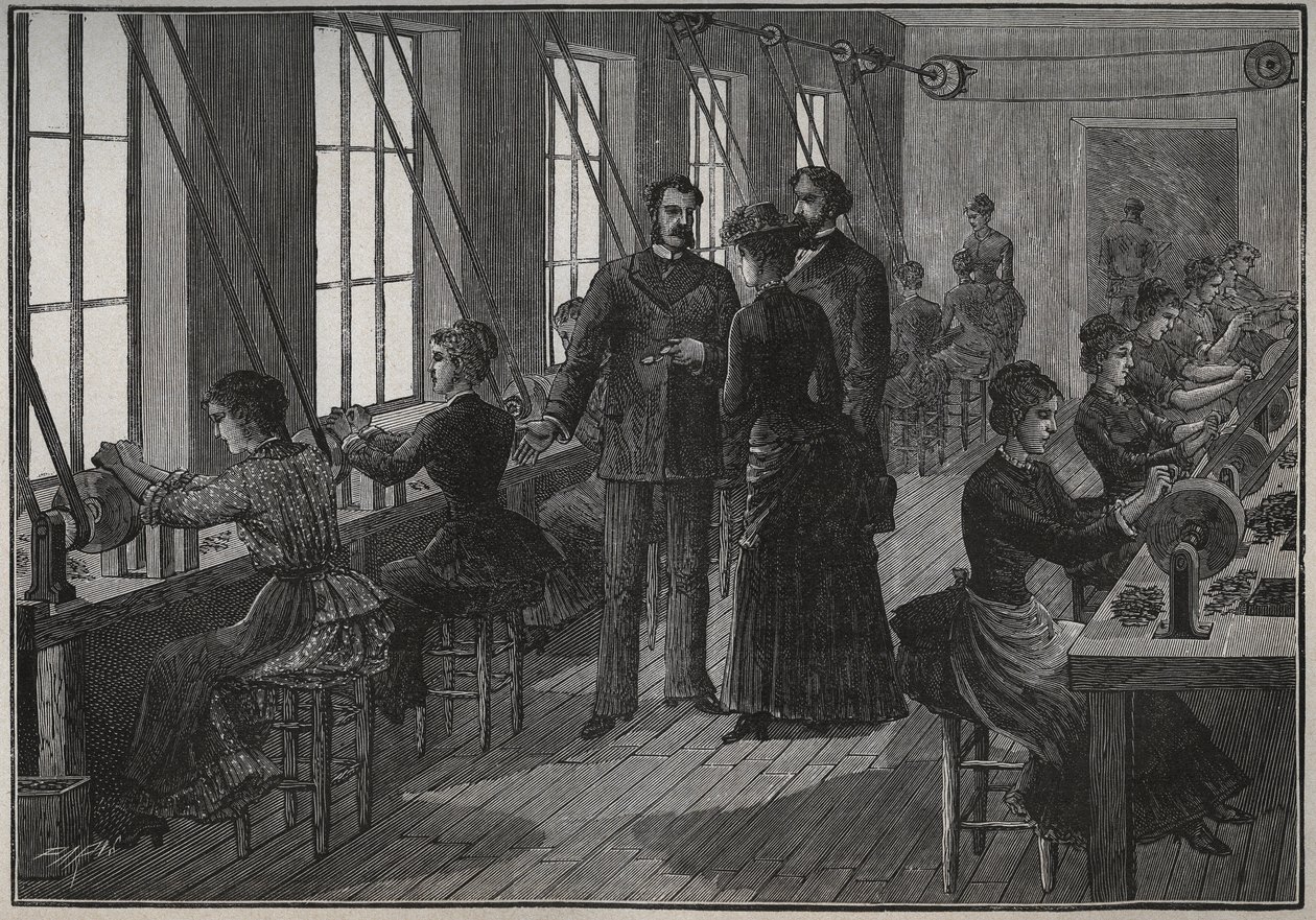 Fremstilling af metalfjer: slibeværksted i Frankrig i det 19. århundrede. Indgravering fra 1885 i "" Les arts et metiers illustres"" af Adolphe BITARD. af Unknown artist