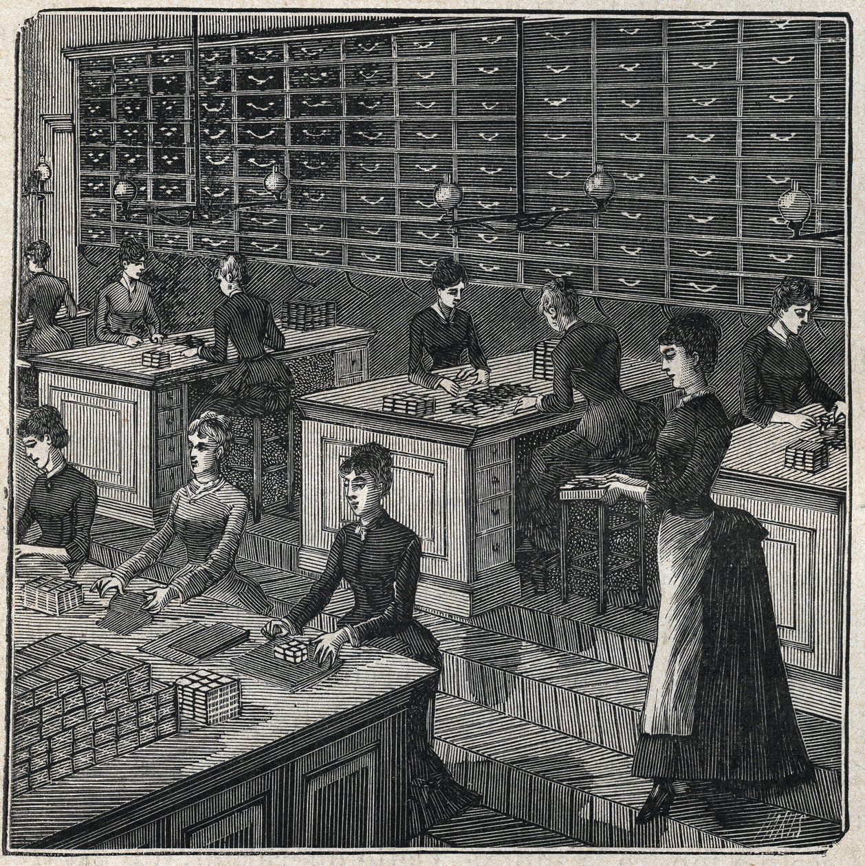 Fremstilling af metalfjer: sortering og indpakning af fjer på en fabrik i Frankrig i det 19. århundrede. Indgravering fra 1885 i "" Les arts et metiers illustres"" af Adolphe BITARD. af Unknown artist