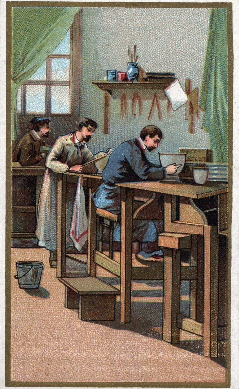 Fremstilling af porcelæn: drejning. Kromolitografi fra slutningen af det 19. århundrede af Unknown artist