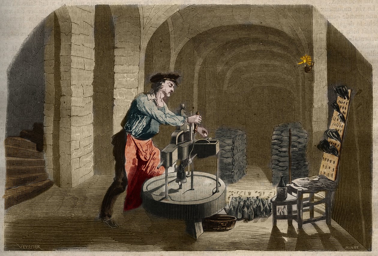 Fremstilling af mousserende Champagnevin: Aftapningsmaskine brugt i en kælder. Indgravering fra 1858 i "" Le Musee Des Sciences"" af Unknown artist