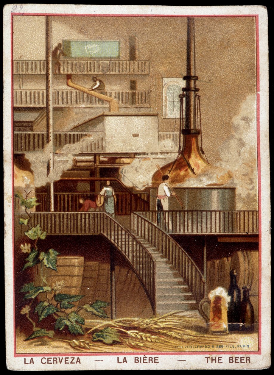 Fremstilling af øllet i det 119. århundrede”: Bryggeri - Chromolithography sd. 19. århundrede. af Unknown artist