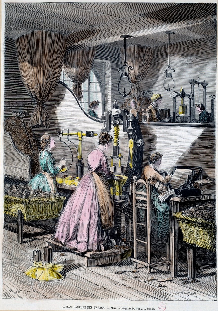 Fremstilling af tobak, emballering af tobak til rygning. Litografi af Paris 1867, Musee Carnavalet af Unknown artist