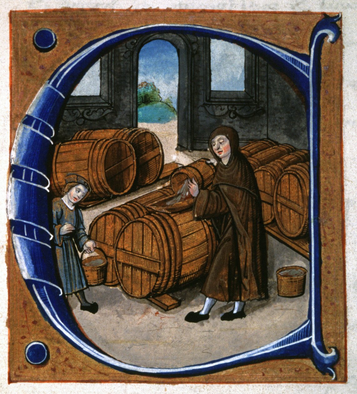 Fremstilling af vin. ca. 1450 (miniature) af Unknown artist