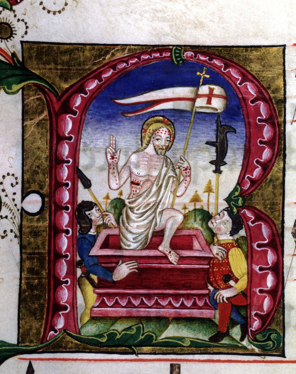 Manuskript til en liturgisk sang. Miniature, der repræsenterer opstandelsen. 15. århundrede. Den kronede jomfru af Lodi kirke. af Unknown artist