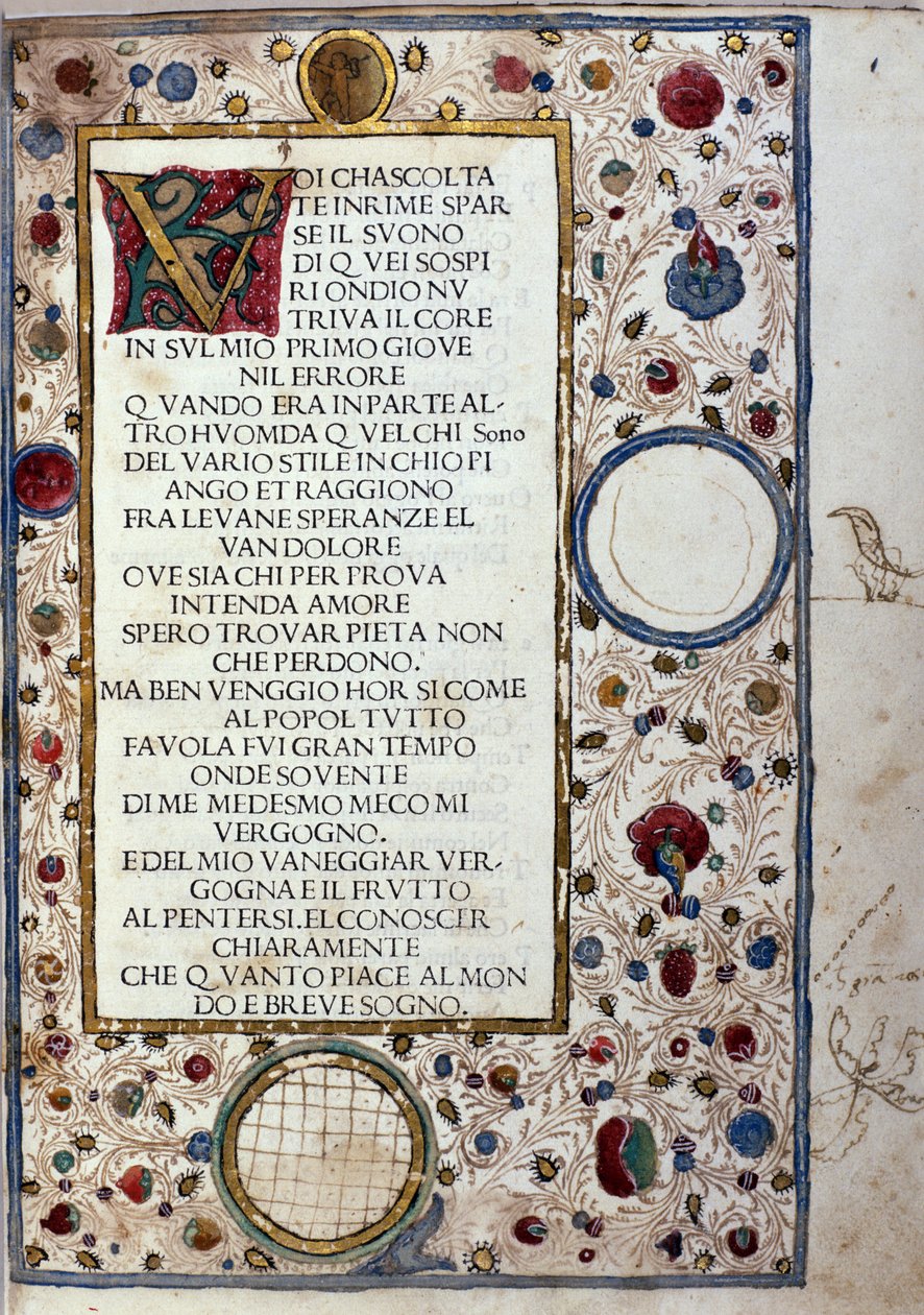 Manuskriptside af "" Il Canzoniere "" af Francesco Petrarca (Petrarca) (1304-1374) 1493 af Unknown artist
