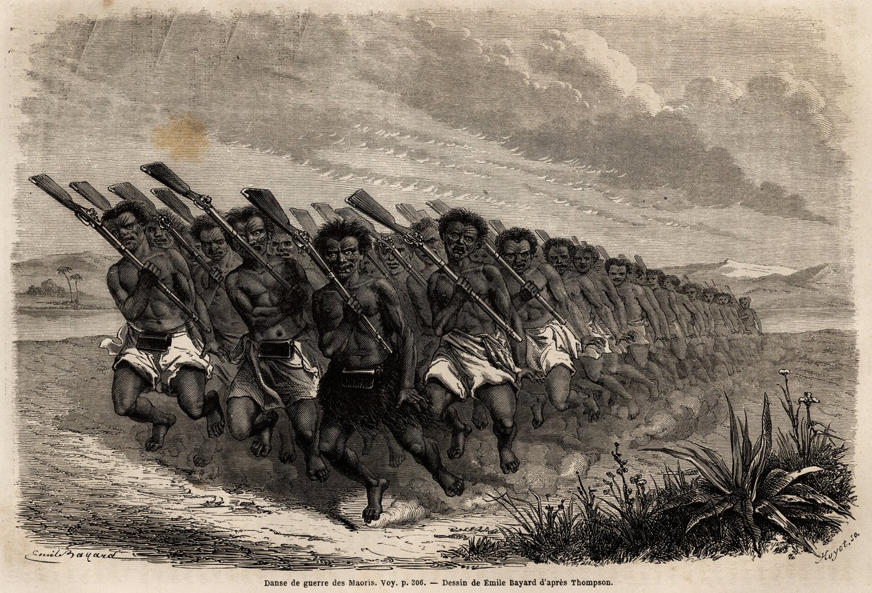 Maori War Dance, tegning af Emile Bayard (1837-1891), for at illustrere Ferdinand de Hochstetters rejse til New Zealand fra 1858 til 1860. Indgravering i "" Le tour du monde"", redigeret af Edouard Charton af Unknown artist