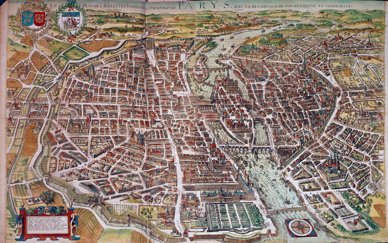 Kort og kort over Paris med udsigt over øerne og forstæderne. 17. århundrede. Paris, B.N. af Unknown artist