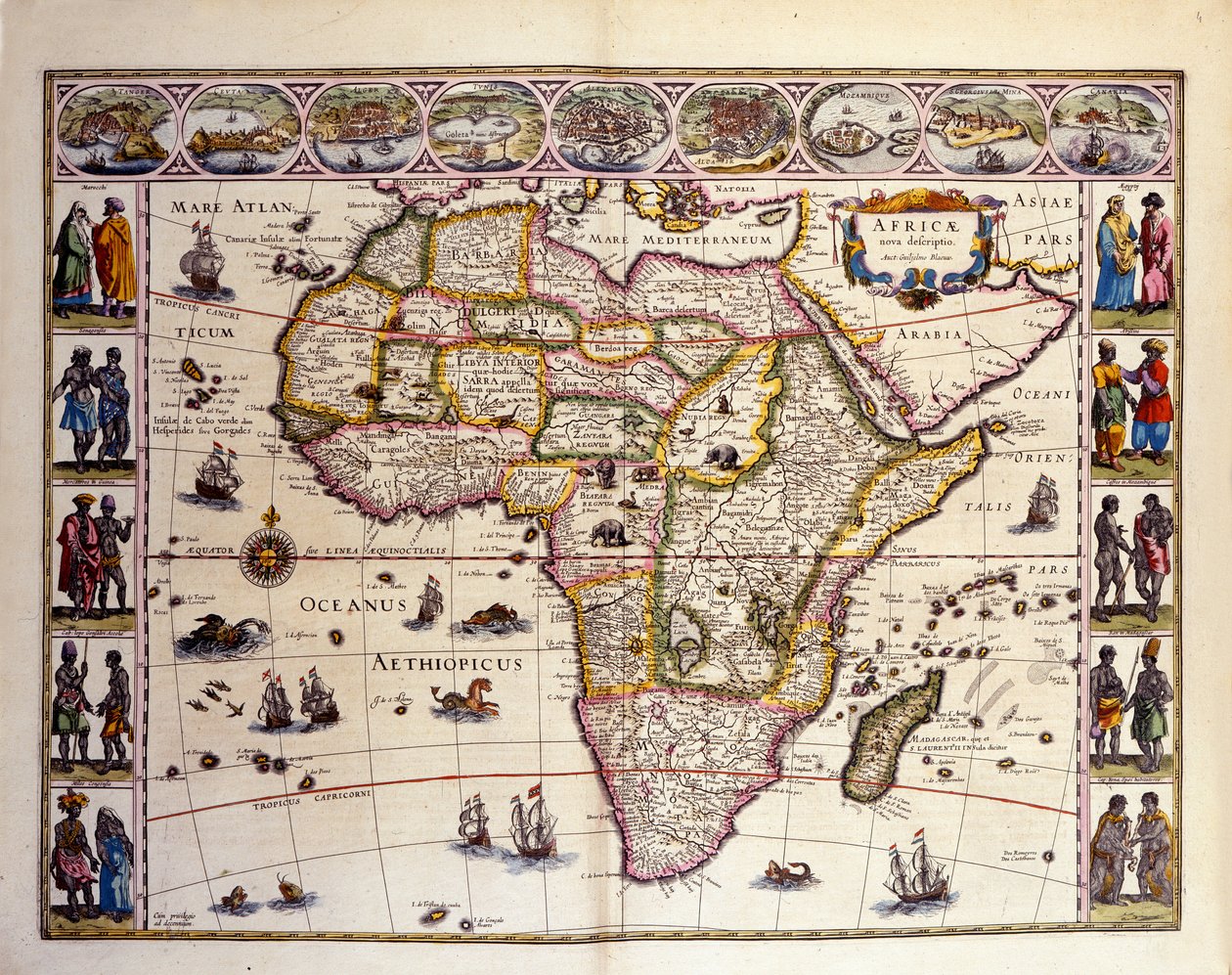 Kort over Afrika fra William Blaeus Atlas. Øverst er byerne Tanger, ceuta, Algier, Tunis, Alexandria, Alcair, Mozambique, Saint Georges de la Mina, De Kanariske Øer. Forskellige øer er også repræsenteret ud for Afrika, Mascareignes-øerne, Mada af Unknown artist