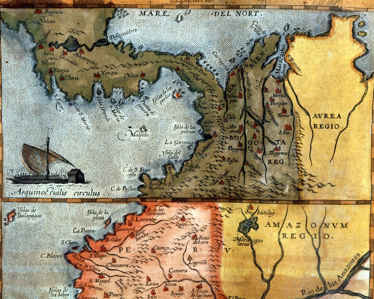 Kort over Mellemamerika i det 16. århundrede: over det viser regionerne Peru, Amazonas og Bogota (Panama, Colombia og Venezuela). af Unknown artist