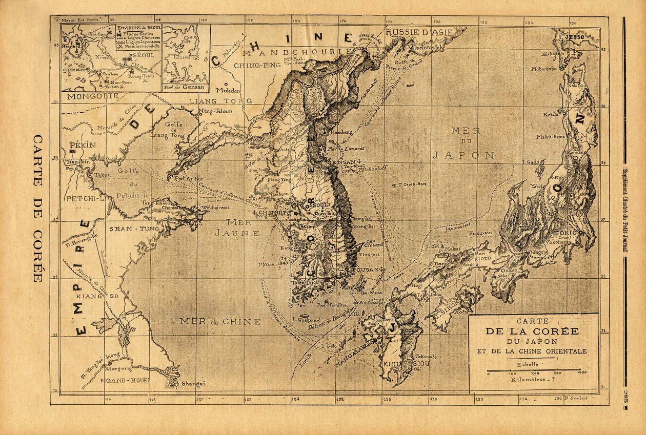 Kort over Korea, Japan og Østkina. Indgravering i "" Le petit journal"" 3/09/1894. Selvas samling. af Unknown artist