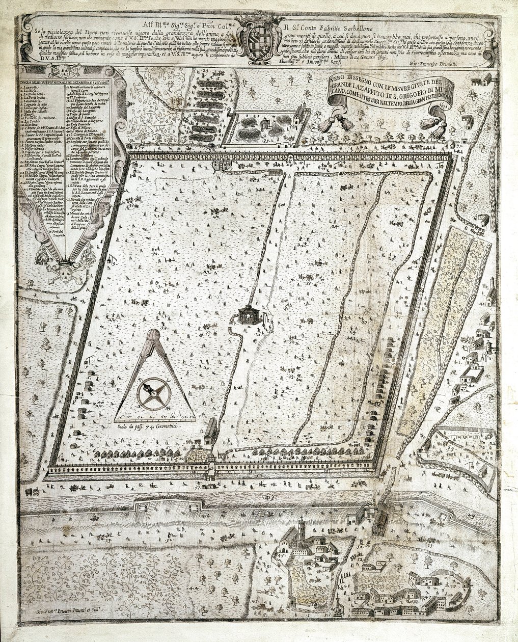 Kort over Milano lazaret under den store pest i Milano i 1630 (Tegning af Unknown artist