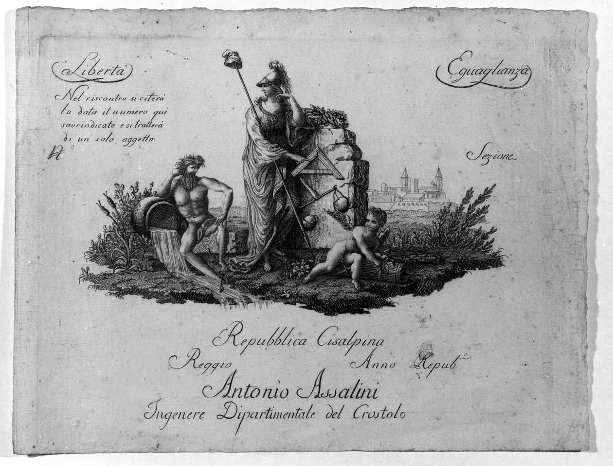 Kort over den cisalpine republik (Cisalpina) skabt af Napoleon Bonaparte den 27/06/1797 efter fransk model i Italien, som blev til den italienske republik i 1802. Den franske republiks værdier er nedfældet i det (Liberte, Egalite). Gravering Museo del ris af Unknown artist