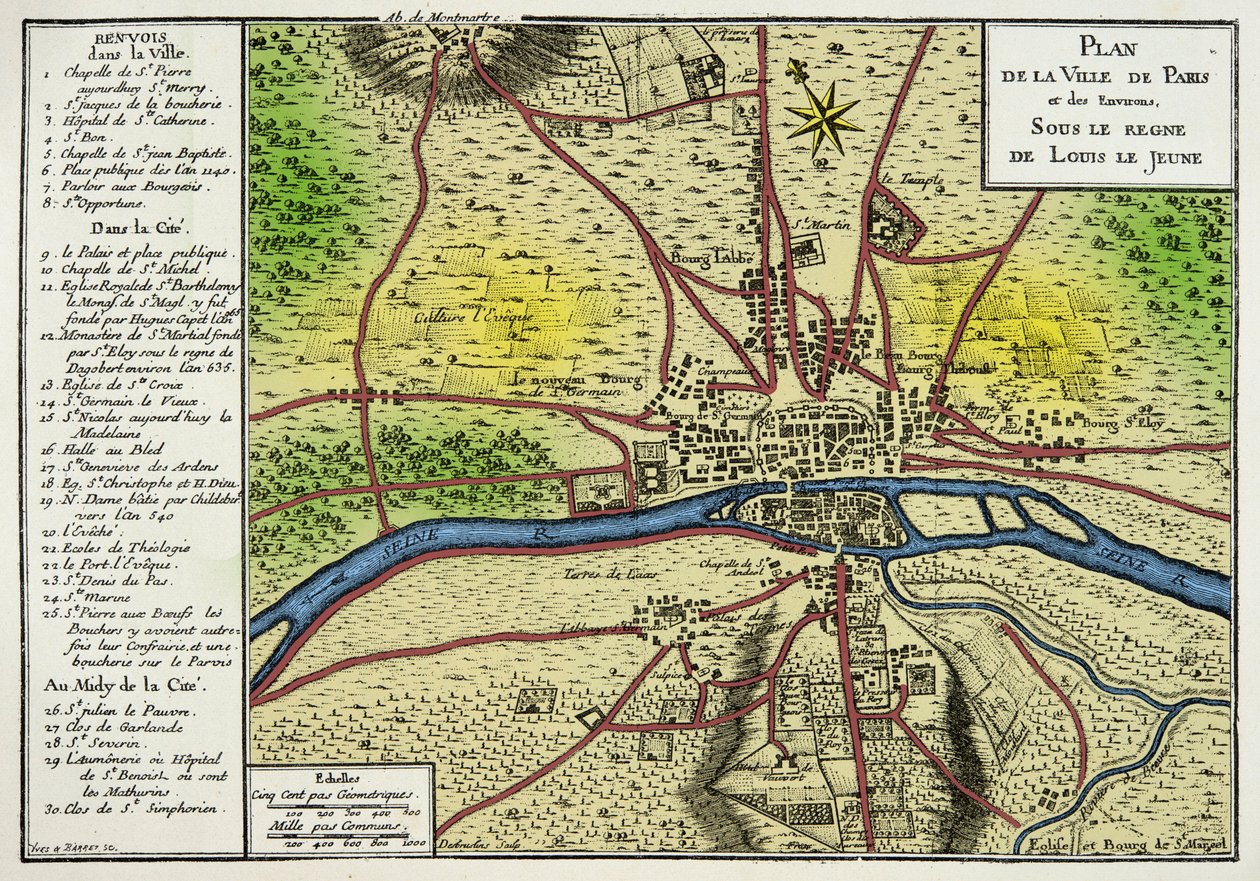Kort over byen Paris under Louis Le Jeunes regeringstid (Louis VII 1120-1180) Kongen af francs, gravering 1800-tallet af Unknown artist