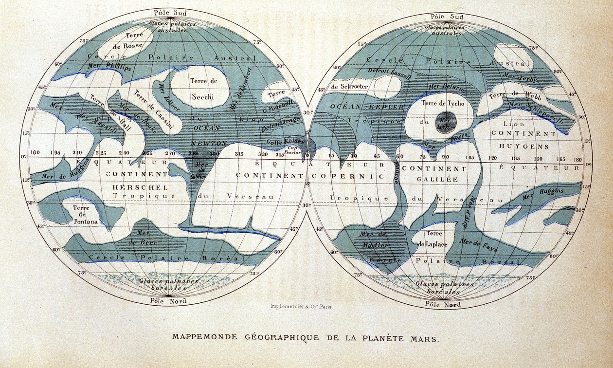Kort over planeten Mars - i "" Popular Astronomy"" af Camille Flammarion, red. Marpon & Flammarion af Unknown artist