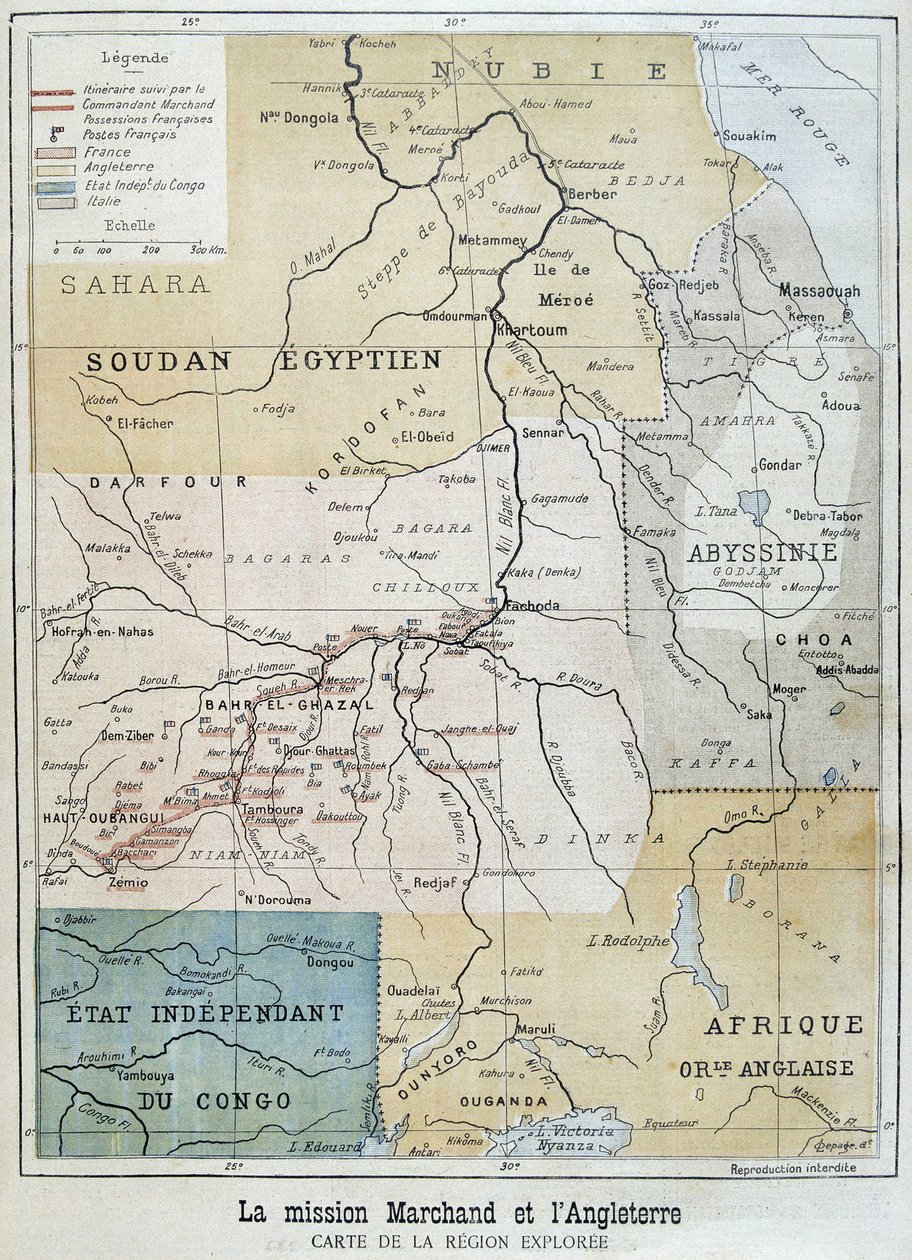 Kort over området udforsket af Mission Marchand - i "" Le Petite Journal"" af 09/10/1898 af Unknown artist