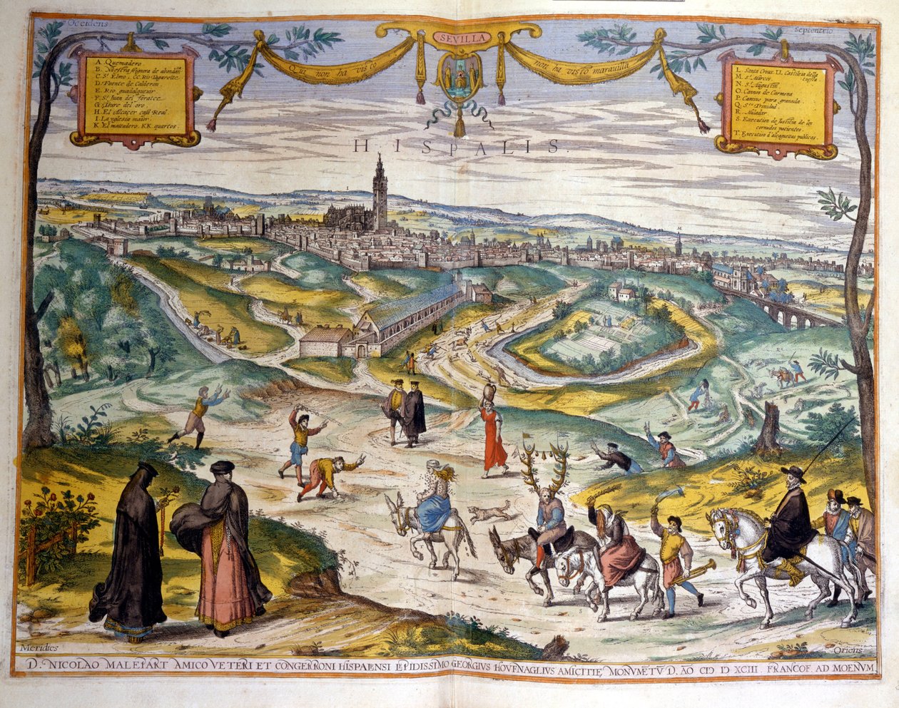 Kort over byen Sevilla i 1590. Nederst til højre i billedet laver landsbyens folk grin med en hanehanre på sit æsel. af Unknown artist