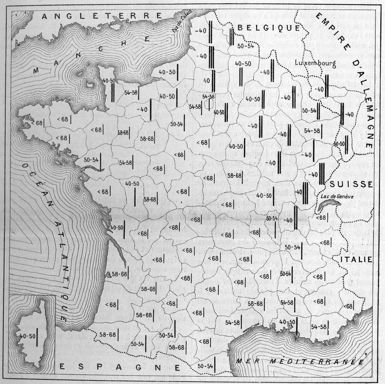 Kort over fordeling af statur i Frankrig: højden af stængerne er omvendt proportional for hver afdeling med antallet af værnepligtige, der er fritaget for størrelsesfejl, over 1000 undersøger. Tallene angiver det tal pr. 100. De tyve afdelinger, der giver af Unknown artist