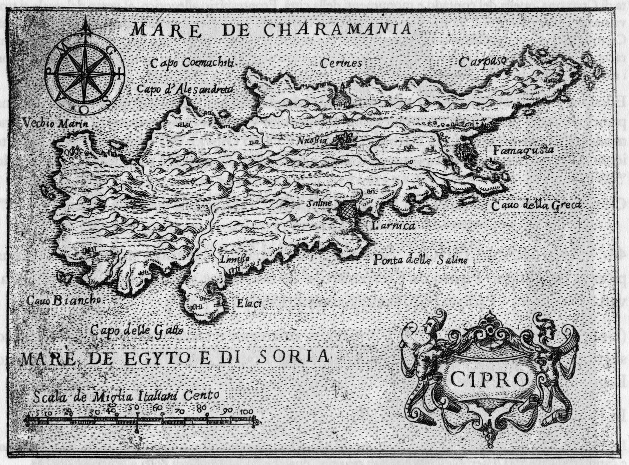 Kort over øen Cypern (cypern) i 1587 i "" Jerusalems mest hengivne rejse ". af Unknown artist