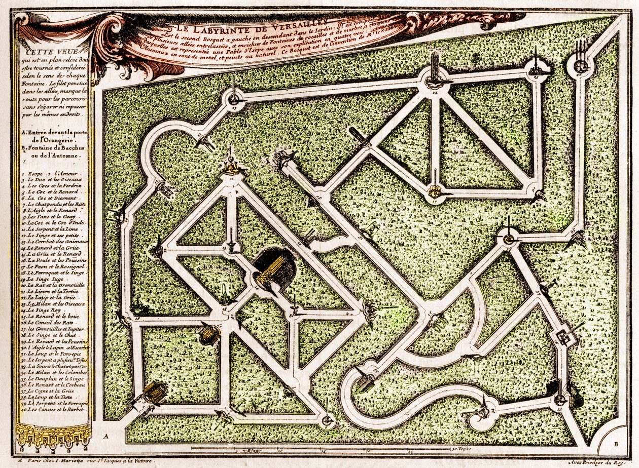 Kort over labyrinten i parken ved slottet i Versailles, skabt af Andre Le Notre (1613-1700). Indgravering i "" La Nature. Revue des sciences et de ses applications aux arts et a l