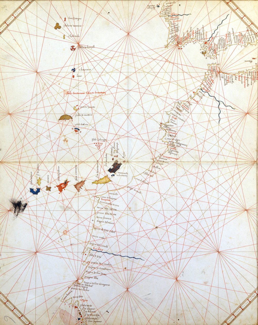 Kort over Gibraltar, Marokko og De Kanariske Øer. Portulan fra det 15. århundrede. af Unknown artist