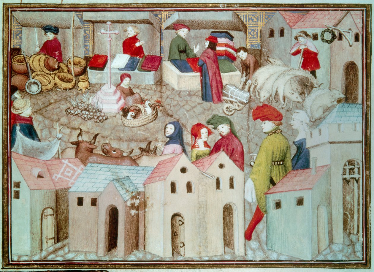 Marche de Champeaux i Paris Betail- og fjerkræhandlere, drapere. Miniature taget fra "The Wandering Knight" af Thomas de Saluces (Tommaso III di Saluzzo), omkring 1403-1404. Paris, B.N. af Unknown artist