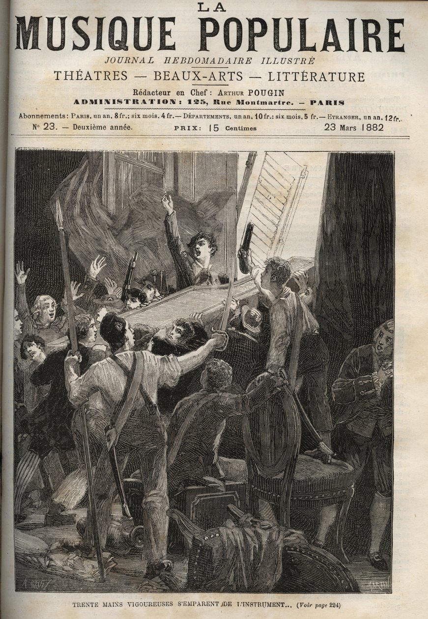 Marie-Antoinettes cembalo Histoire de 1834 “” Tredive kraftige hænder griber instrumentet...”” under de forfærdede øjne af dronningens tuner, til højre. af Unknown artist