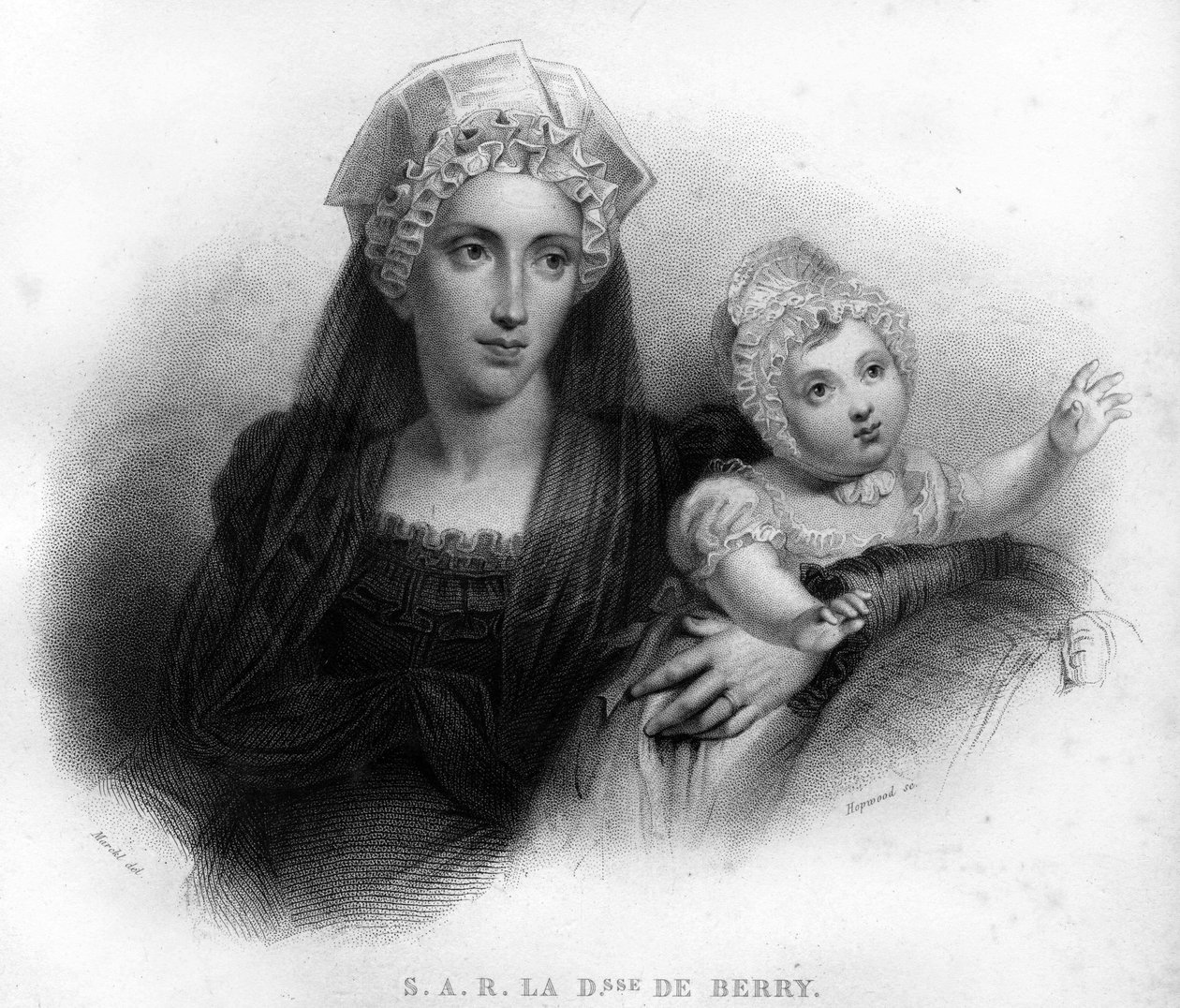 Marie - Caroline af Bourbon Sicilien, hertuginde af Berry (1798-1870) i enkedragt, med sin datter Louise Marie Therese af Artois (1819-1864). Stik fra 1820. af Unknown artist